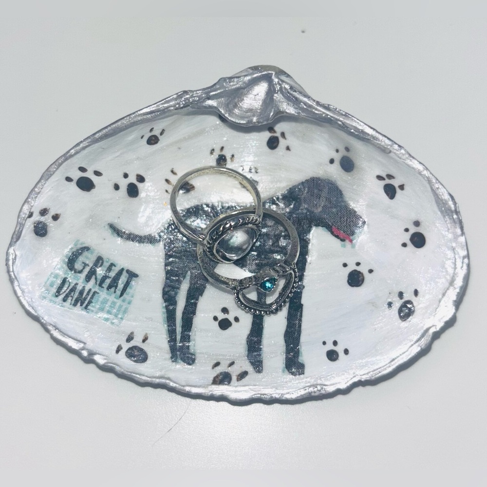 Handcrafted Clam Shell Ring Dish W/Great Dane Decoupage & Painted Design